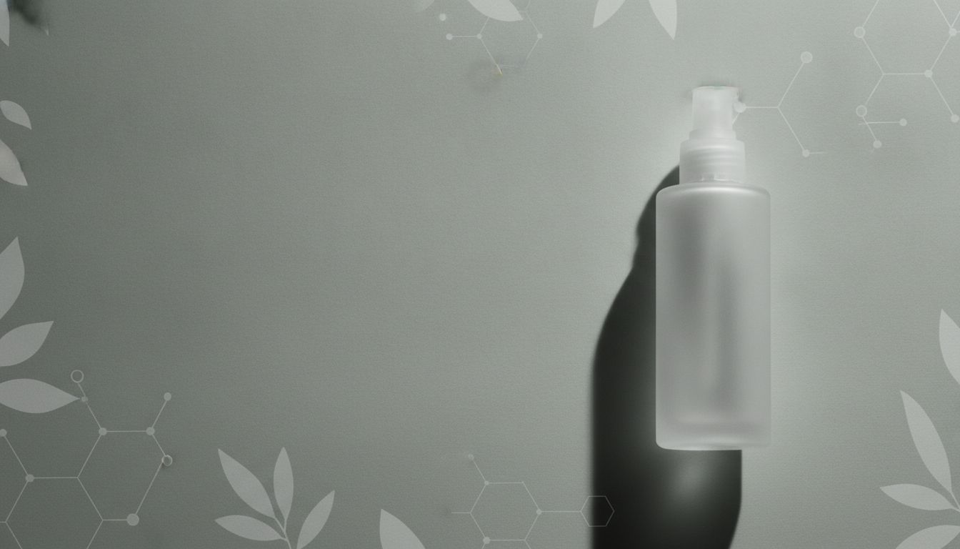 Soft sage green botanical skincare background with glass bottle and ingredient motifs